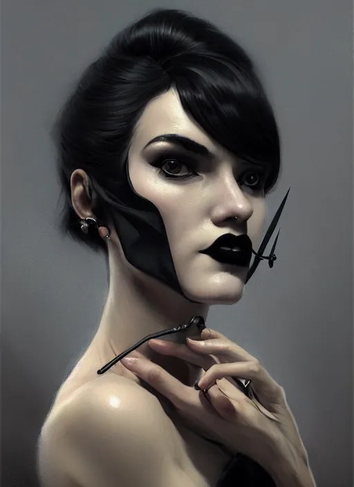 Prompt: portrait of a woman with a hook nose and a confident expression, 1 9 6 0 s, black clothes, goth, punk, funk, intricate, elegant, highly detailed, digital painting, artstation, concept art, smooth, sharp focus, illustration, art by wlop, mars ravelo and greg rutkowski