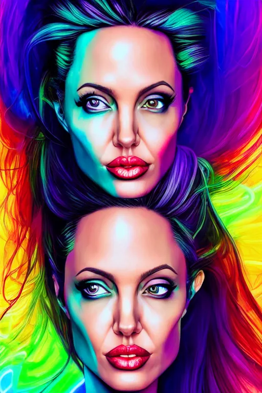 Image similar to a award winning half body portrait of a angelina jolie with stunning eyes in a croptop and cargo pants with rainbow colored hair, outlined by whirling illuminated neon lines and fine lines swirling in circles by jesper ejsing and rhads and makoto and shinkai and lois van baarle, digital art, trending on artstation