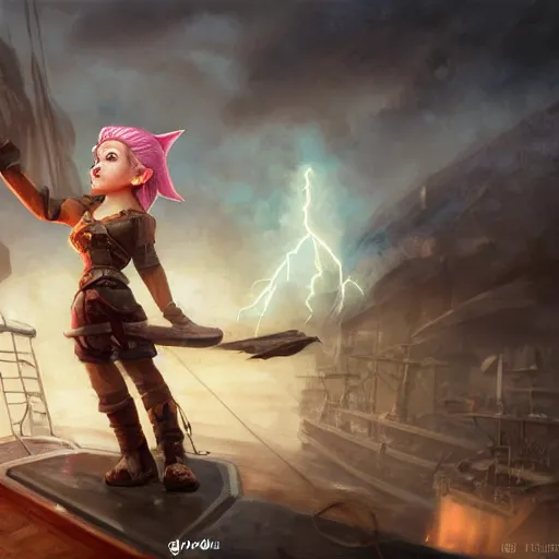 Image similar to full body portrait of a scrappy female gnome engineer with pixie undercut hair, throwing lightning from a metal gauntlet, standing on a ship deck, thunder fantasy magic, naval background, D&D, highly detailed, digital painting, HD, trending on ArtStation, dark fantasy, great composition, concept art, matte, sharp focus, illustration, by Greg Rutkowski