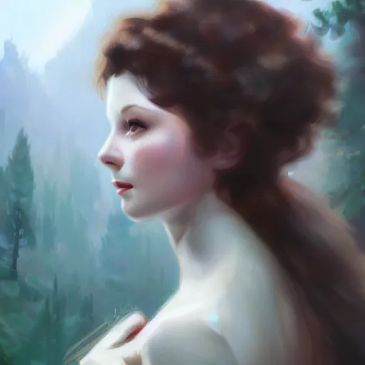 Image similar to closeup portrait of a young vivian leigh, forest background, megacity, gorgeous view, depth, high detail, digital art, painted by greg rutkowski, trending on artstation