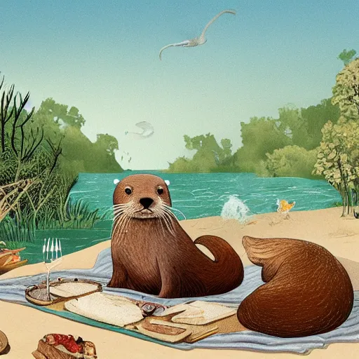 Prompt: storybook illustration of a river otter and a sea otter having a picnic