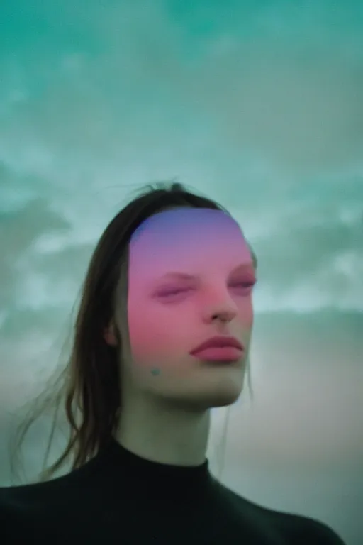 Image similar to high quality pastel coloured film close up wide angle photograph of a model wearing clothing resting on cloud furniture in a icelandic black rock!! environment in a partially haze filled dreamstate world. three point light, rainbow. photographic production. art directed. pastel colours. volumetric clouds. pastel gradient overlay. waves glitch artefacts. extreme facial clarity. 8 k. filmic.