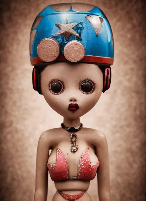 Image similar to closeup portrait of tin toy eskomo bikini swim champ girl trap, depth of field, zeiss lens, detailed, symmetrical, centered, fashion photoshoot, by nicoletta ceccoli, mark ryden, lostfish, breathtaking, 8 k resolution, extremely detailed, beautiful, establishing shot, artistic, hyperrealistic, octane render