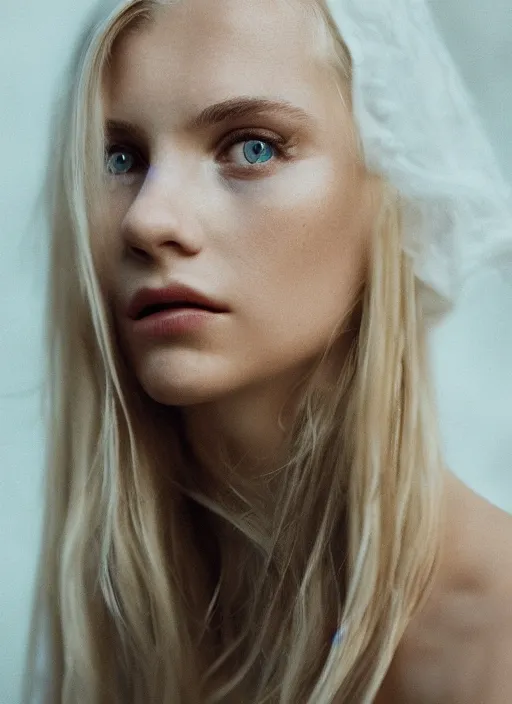 Prompt: Kodak Portra 400, 8K, highly detailed, photographic extreme close-up face of a pretty girl with blond hair , Low key lighting, photographed by Alessio Albi ,dark background, high quality, photo-realistic.