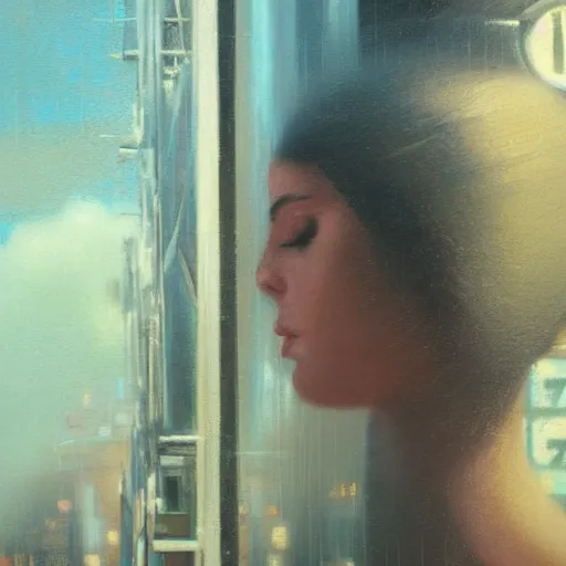 Image similar to detailed face of a woman, clockwork, moment, tectonic sky, skydome, bullet train, turbines, utopian, tech noir, wet reflections, prism, atmospheric, ambient, nick alm, casey baugh, pj crook, syd mead, livia prima, edward hopper
