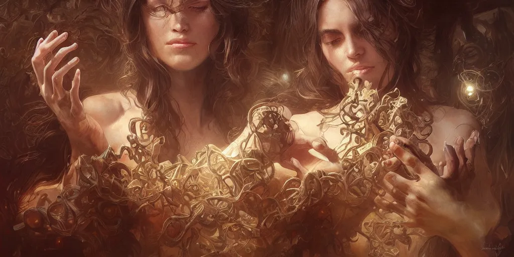 Image similar to too many hands, gnarled, so many hands, fingers, weird amount of hands, intense lighting, light beams, lens flare, intricate, elegant, highly detailed, digital painting, artstation, concept art, smooth, sharp focus, illustration, art by artgerm and greg rutkowski and alphonse mucha