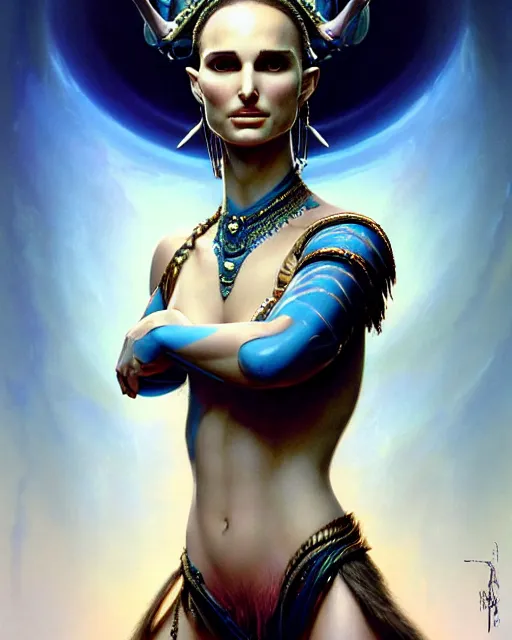 Image similar to natalie portman as a naʼvi from avatar fantasy character portrait, ultra realistic, wide angle, intricate details, blade runner artifacts, highly detailed by peter mohrbacher, boris vallejo, hajime sorayama aaron horkey, gaston bussiere, craig mullins