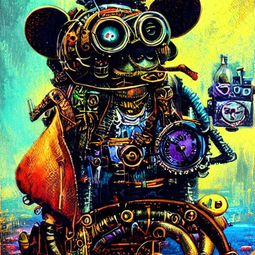 Image similar to steampunk rat, acid, 303, psychedelic, by paul lehr