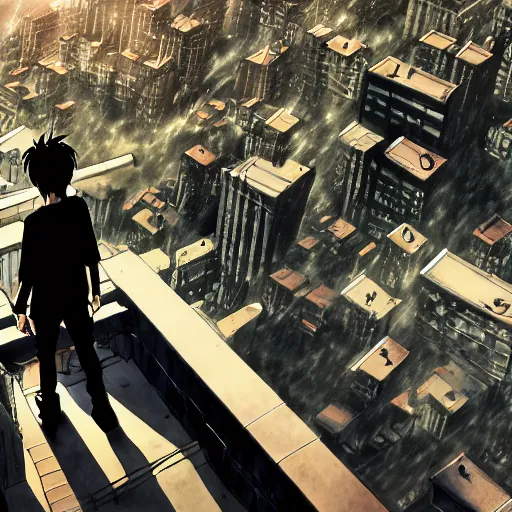 Prompt: ultradetailed anime illustration of Attack on Titan a titan standing menacingly over the city by makoto shinkai，anime wallpaper 4k，prismatic