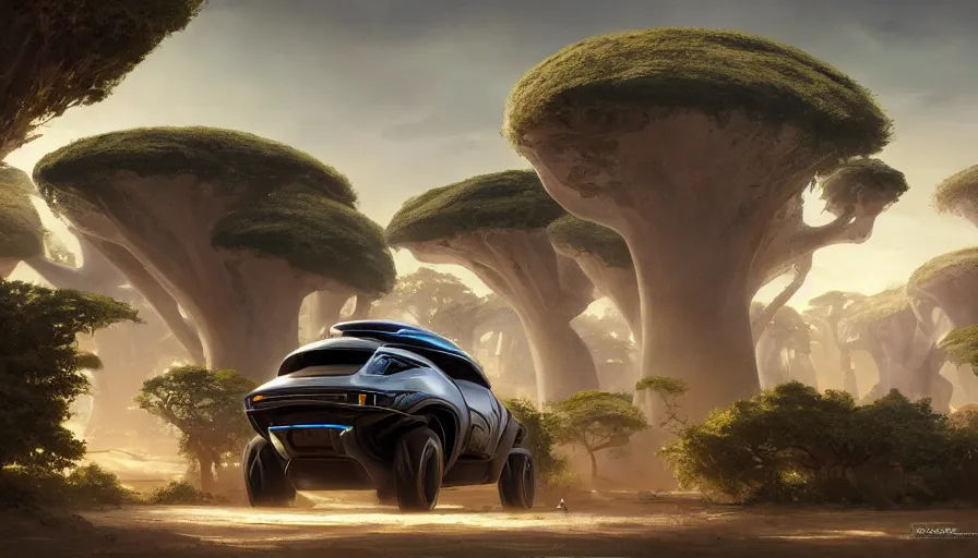 Prompt: a futuristic suv designed by ford driving through madagascar with baobabs trees, artgerm and greg rutkowski and alphonse mucha, an epic fantasy, volumetric light, detailed, establishing shot, an epic fantasy, trending on art station, octane render, midsommar