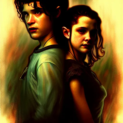 Image similar to Twilight version of Stranger Things, Portrait of Edward and Bella, diffuse lighting, fantasy, intricate, elegant, highly detailed, lifelike, photorealistic, digital painting, artstation, illustration, concept art, smooth, sharp focus, art by Artem Demura and Alphonse Mucha