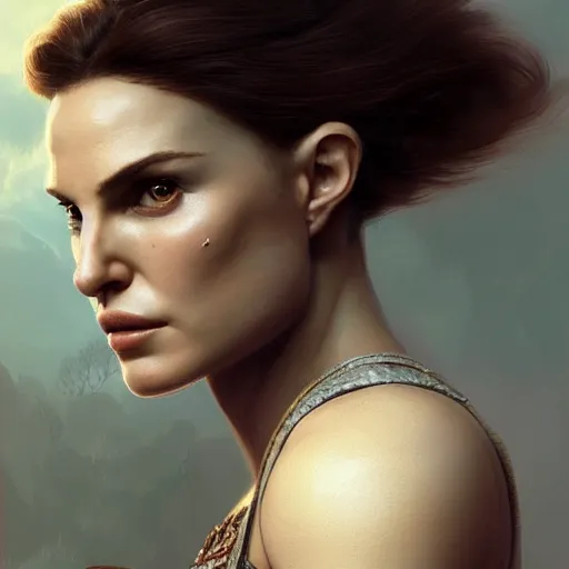 Image similar to portrait of muscular natalie portman, fantasy, intricate, elegant, highly detailed, digital painting, artstation, concept art, matte, sharp focus, illustration, octane render, unreal engine, art by aenaluck and roberto ferri and greg rutkowski, epic fantasy, digital painting