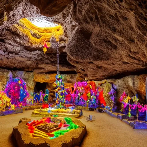 Prompt: cave of golden treasure and colorful jewels