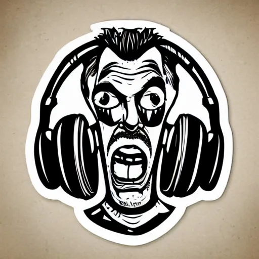 Image similar to svg vector sticker of absolutely insane-mad-scientist-villain, rocking out, wearing headphones, huge speakers, dancing, rave, DJ, spinning records, digital art, amazing composition, rule-of-thirds, award-winning, trending on artstation, featured on deviantart