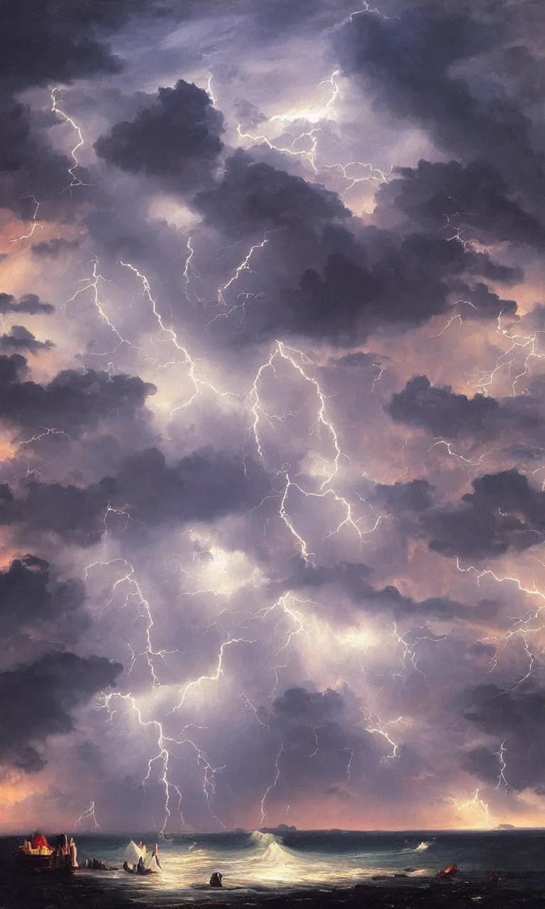 Prompt: a dramatic stormy sky with lightnings , romantic painting,