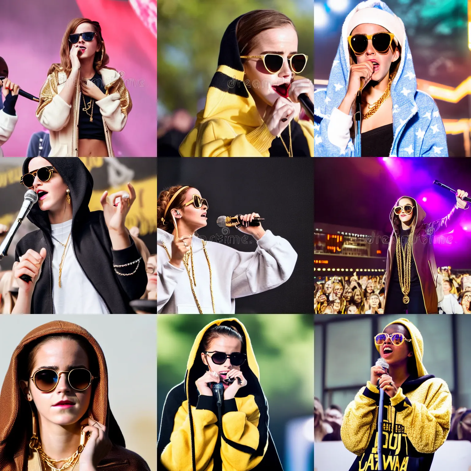 Prompt: dlsr photography f/1.4 80mm bokeh full body Emma Watson singing stock photo on rap concert stage wearing designer hoodie as doja cat as cardi b wearing gold chain and sunglasses and gold hoop earrings