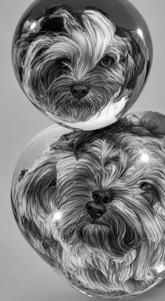 Image similar to full body portrait of one havanese dog reflected in a chrome sphere, ultra wide 1 0 mm, by m c escher pen and paper