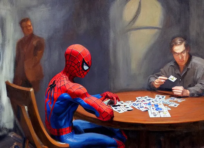 Prompt: a highly detailed beautiful portrait of spiderman playing poker, by gregory manchess, james gurney, james jean