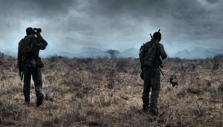 Image similar to movie screenshot. lone survivor man holding walkie - talkie in post - apocalyptic nature landscape, movie poster, shallow depth of field, cinematic. cinematic composition