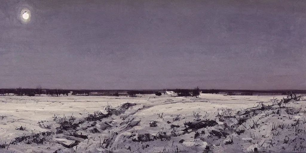 Prompt: a calm WW2 battlefield at night, Eastern Front, stars, wintertime, trenches, snow, wide open steppe, painting by Isaac Levitan