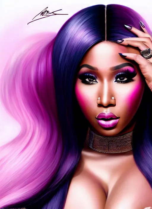 Prompt: a gorgeous rendition of nicki minaj, professionally retouched, soft lighting, realistic, smooth face, full body shot, torso, dress, perfect eyes, wide angle, sharp focus on eyes, 8 k high definition, insanely detailed, intricate, elegant, art by artgerm and jason chan and mark hill, safe for work