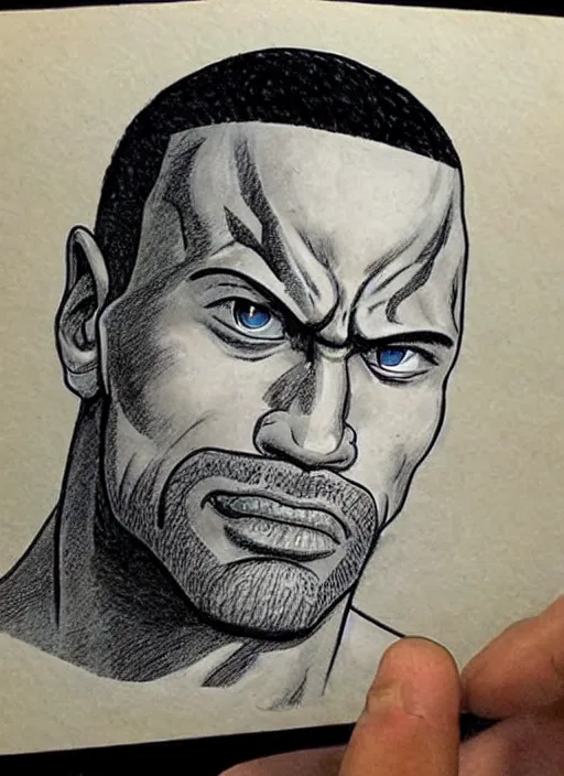 Image similar to dwayne johnson as origin character in one piece manga, sketch by eiichiro oda, amazing likeness. very detailed.