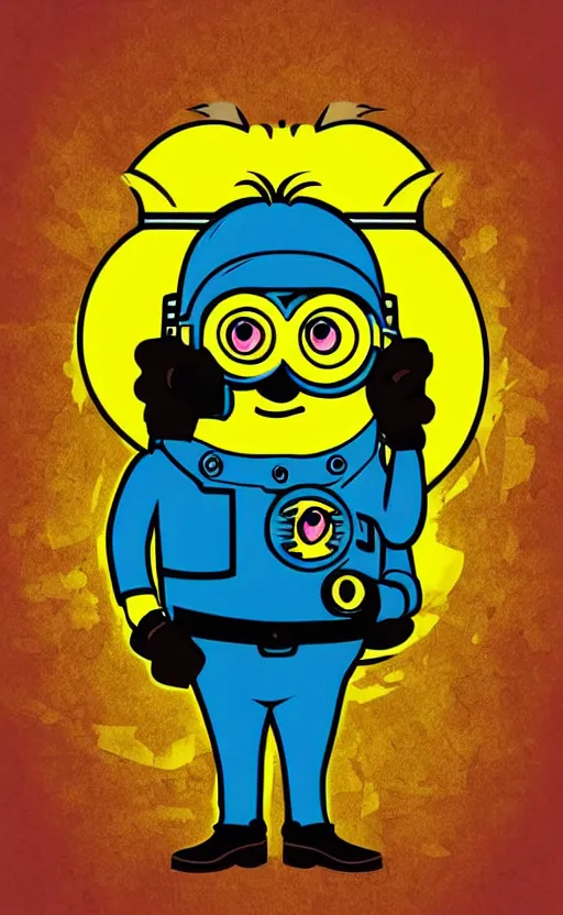 Prompt: individual minion portrait fallout 7 6 retro futurist illustration art by butcher billy, sticker, colorful, illustration, highly detailed, simple, smooth and clean vector curves, no jagged lines, vector art, smooth andy warhol style