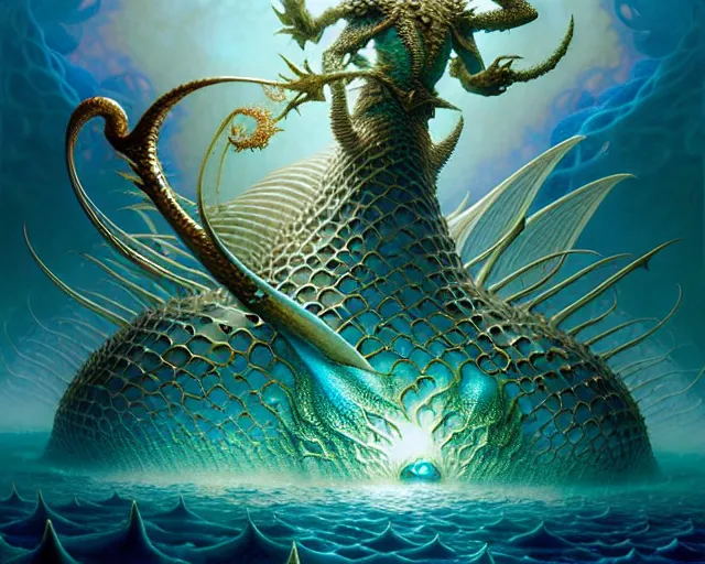 Image similar to the army of merfolk and sea monsters, ocean, fantasy character portrait made of fractals facing each other, ultra realistic, wide angle, intricate details, the fifth element artifacts, highly detailed by peter mohrbacher, hajime sorayama, wayne barlowe, boris vallejo, aaron horkey, gaston bussiere, craig mullins