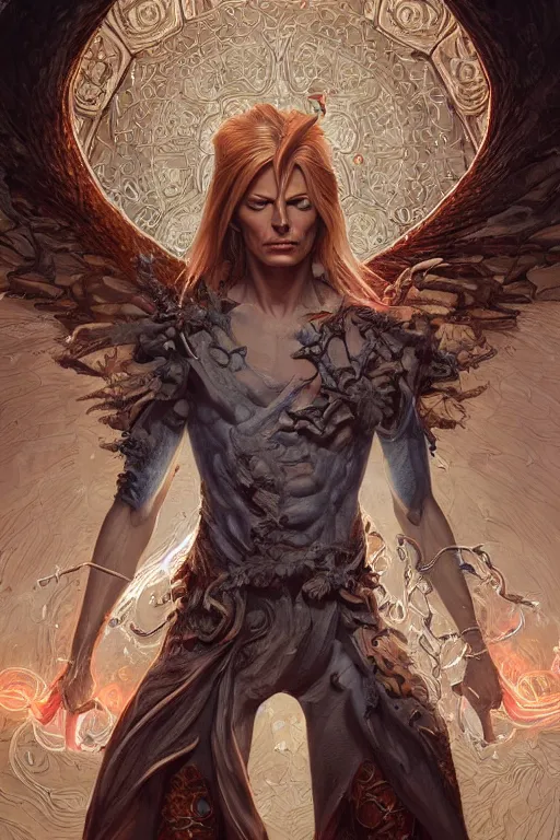 Image similar to ultra realistic illustration, fairy king david bowie from diablo and baldurs gate, intricate, elegant, highly detailed, digital painting, artstation, concept art, smooth, sharp focus, illustration, art by artgerm and greg rutkowski and alphonse mucha