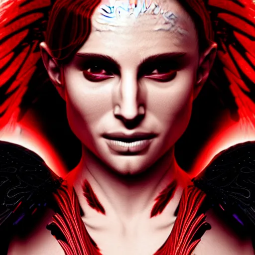 Image similar to beautiful female mage with red hair, natalie portman, black clothing, dark feathered wings, intricate, highly detailed face, trending on artstation, dramatic lighting, 4 k