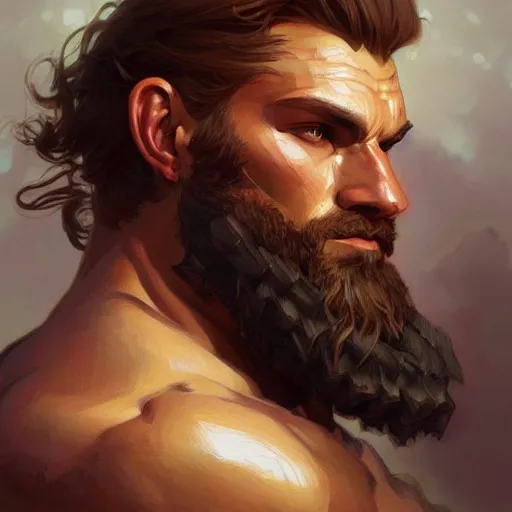 Image similar to portrait of a young rugged male barbarian, handsome, upper body, D&D, muscular, fantasy, intricate, elegant, highly detailed, digital painting, artstation, concept art, smooth, sharp focus, illustration, art by artgerm and greg rutkowski and alphonse mucha