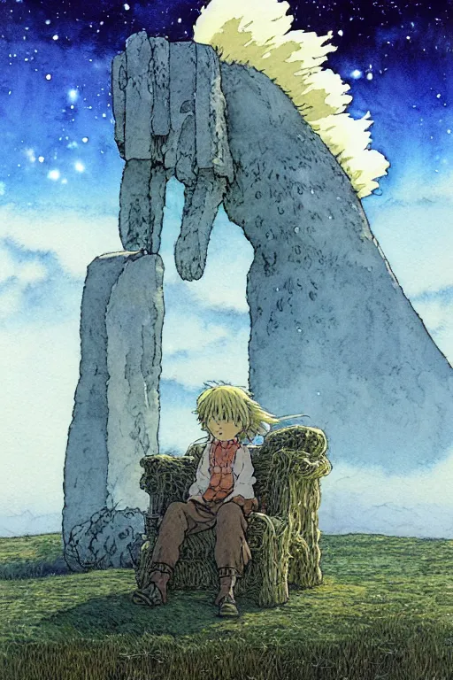 Image similar to hyperrealist studio ghibli watercolor fantasy concept art of a giant from howl's moving castle sitting on stonehenge like a chair. it is a misty starry night. by rebecca guay, michael kaluta, charles vess