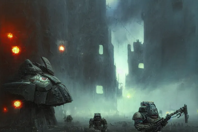 Prompt: futuristic battlefield, warhammer, space marines portrait, gloomy, epic, digitally painted by beksinski, centered, golden ratio