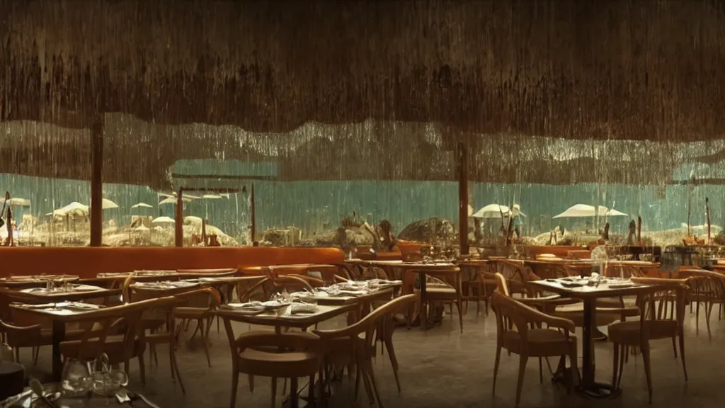 Image similar to restaurant, made of water, film still from the movie directed by Denis Villeneuve with art direction by Salvador Dalí, wide lens