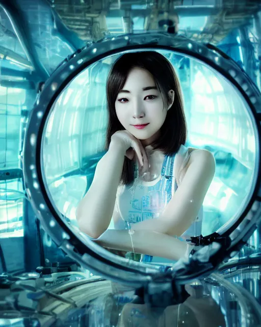 Image similar to beautiful centered photo of korean girl as a solarpunk cyborg with white mechanical parts and implanted bright halogen lamps, treading above calm water, ultra - realistic and detailed, sun lit, white background, bokeh, soft focus, slow exposure hdr 8 k