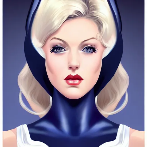 Image similar to a beautiful pin - up portrait of a beautiful cute superhero woman, blonde hair, matte navy - blue bodysuit, white cape, intricate, elegant, 8 k, highly detailed, digital painting, concept art, smooth, sharp focus, illustration, anime style