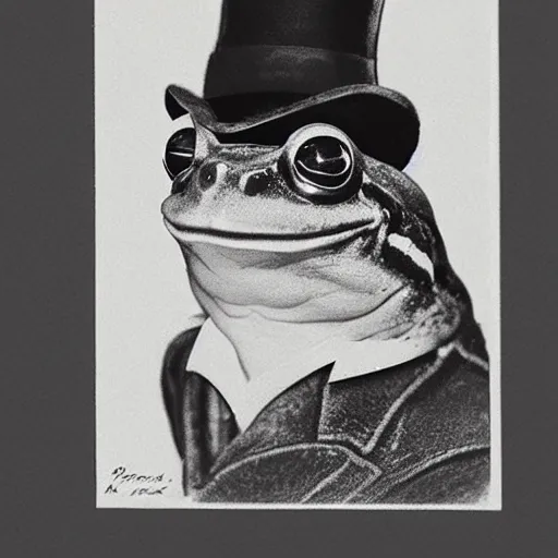 Prompt: A photo of a frog with a hat, he is very sophisticated, 1934