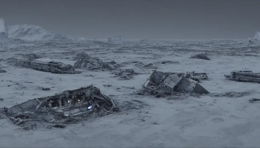 Image similar to Cargo ship crash site Hoth, moody, spooky, cinematic