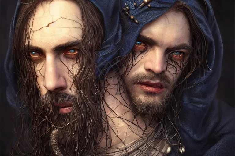 Prompt: ultrarealistic male mage dark burnt infected face portrait fighting, long black hair blue eyes wearing leather mantle gothic navy cloak with leather details, infected plants, octane render, extreme intricate details, elegant, cinematic lighting, highly detailed, artstation, dnd fantasy character art, cgsociety, sharp focus, beautiful digital painting by artgerm, gerald brom, wlop, alphonse mucha