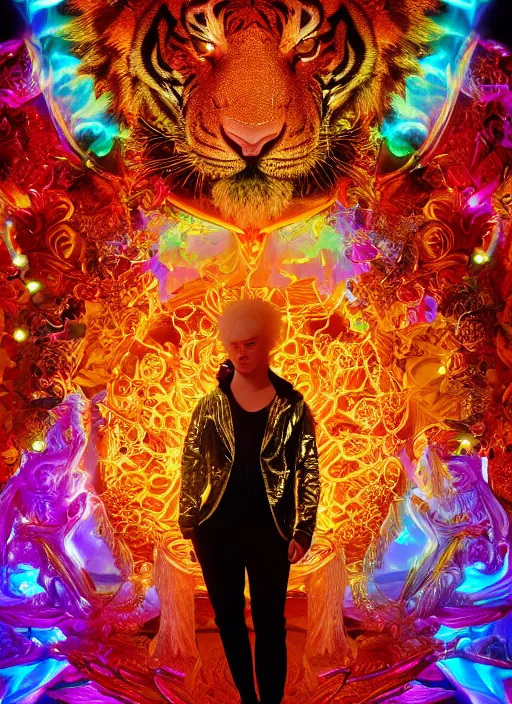 Image similar to photo of baroque and bladerunner delicate neon ruby sculpture of seductive albino king william levy tigers orange iridescent humanoid deity wearing metallic hoody made out of leaves holding the sun prismatic dungeon, glowing rainbow face, crown of white diamonds, cinematic lighting, photorealistic, octane render 8 k depth of field 3 d