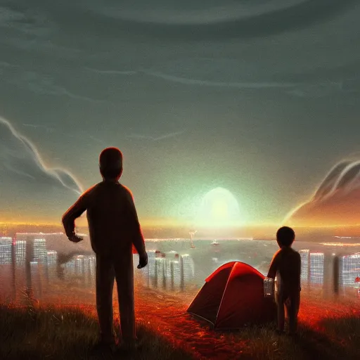 Image similar to highly detailed landscape with two boys camping with nuclear plant in the background 1 9 8 0 s science fiction, 1 9 7 0 s science fiction, cyberpunk, moody, misty, depth perception, 4 k, artstation