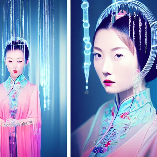 Image similar to photo shoot pose photo of beautiful realistic Chinese ancient princess standing in the corridor in the space ship, attractive symmetrical face, big eyes and lips, subtle makeup, clean face and body skin,ecstatic face expression, ornamental jewelry and ancient translucent clothes, futuristic space ship interrior, wires with lights,depth of field, lens flare, moody lighting, moody photography, old photo, black and white, sepia, cinematic lighting, cinematic angle, editorial photography