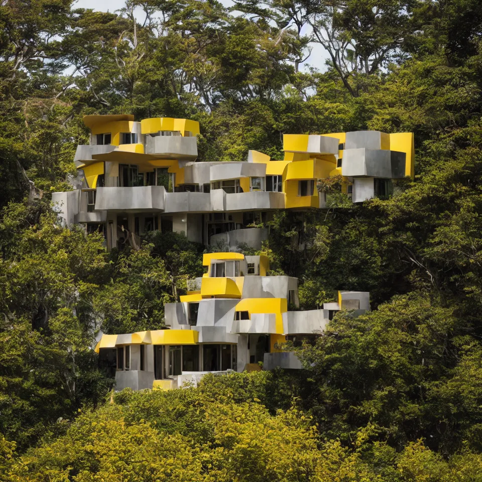 Image similar to a mid-century modern house on top of a cliff, designed by Frank Gehry. Big tiles. Small wooden pathway . Film grain, cinematic, yellow hue