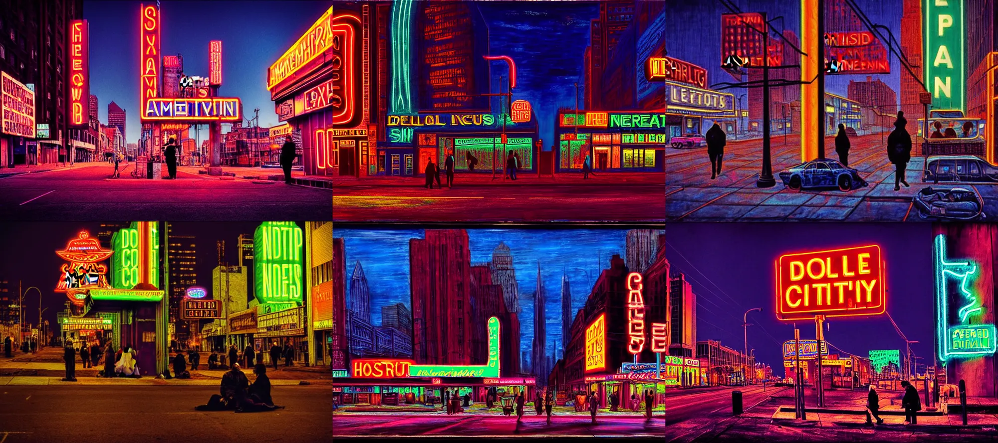 Prompt: desolate iridescent american city with neon signs & homeless people in caravaggio style