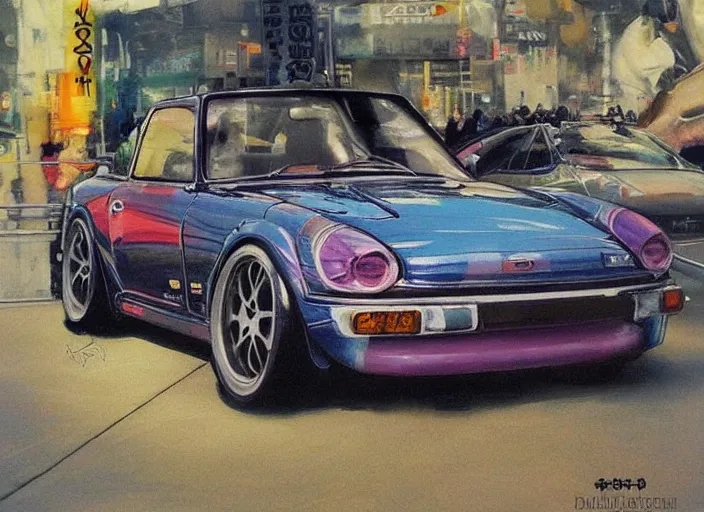 Image similar to beautiful yoshitaka amano art of a datsun fairlady roadster detailed painting