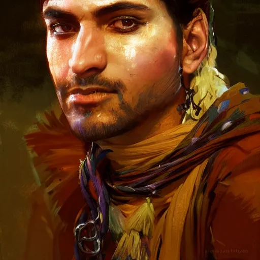 Prompt: an oil art close up portrait of young roma mage with hex magic in style of disco elysium character, gipsy jester character design from ravenloft, art by anders zorn, wonderful masterpiece by greg rutkowski, beautiful cinematic light, american romanticism by greg manchess, jessica rossier