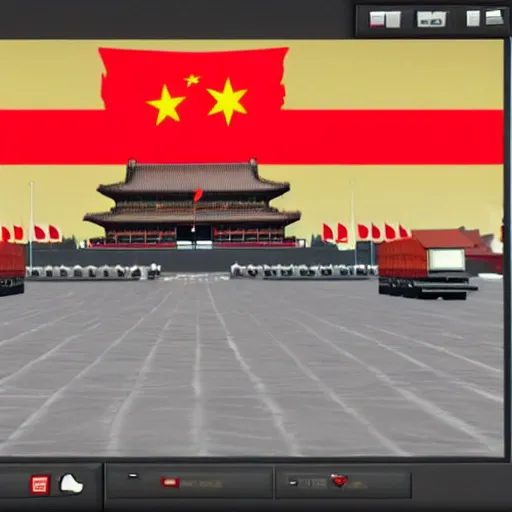 Image similar to roblox noob driving tank in tiananmen square, chinese flag