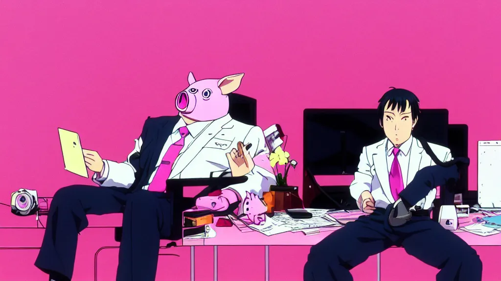 Image similar to a man wearing a pink suit and a pink pig mask sitting in an office, anime film still from the an anime directed by Katsuhiro Otomo with art direction by Salvador Dalí, wide lens