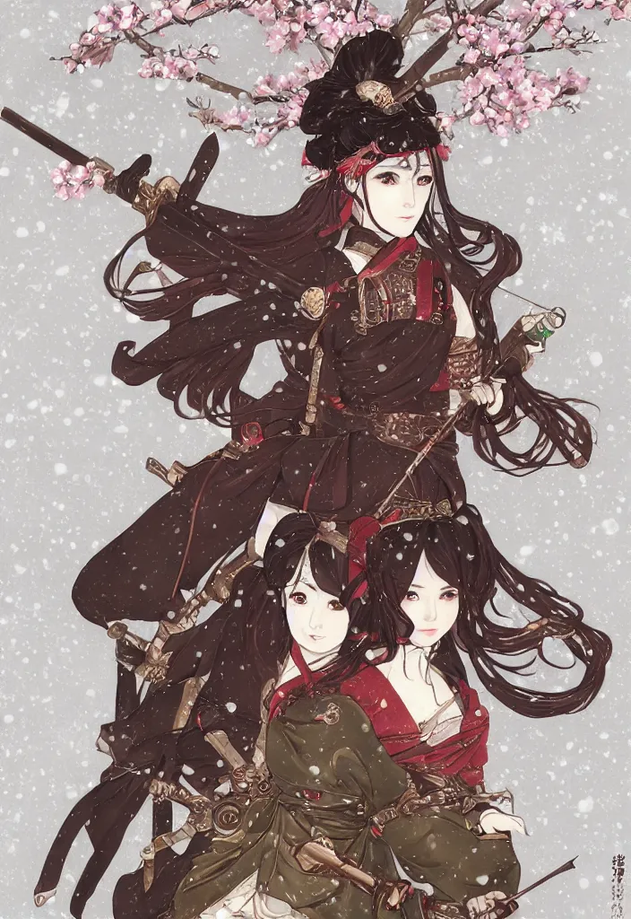 Image similar to portrait of steampunk girl samurai with swords and tachi and bow and arrow and armor and rifle and cross bow combat pose in snow forest sakura cherry blossom swan hakama kimono trending on artstation takato yamamoto krenz cushart