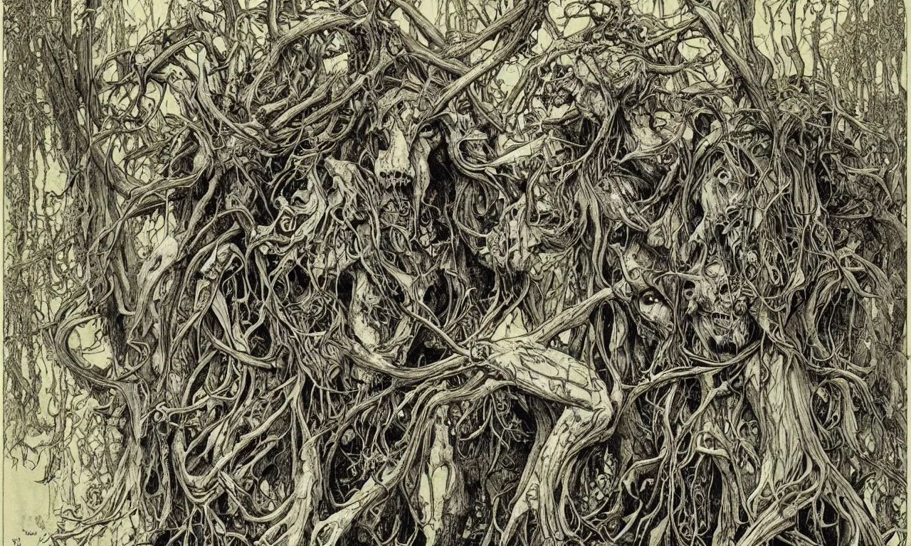 Image similar to hyperdetailed art nouveau portrait of treebeard and swamp thing as a cthulhu eyeball moose skull wendigo swamp thing creatures, by michael kaluta, pushead and bill sienkiewicz, photorealism, claws, skeleton, antlers, fangs, forest, wild, bizarre, scary, lynn varley, lovern kindzierski, steve oliff